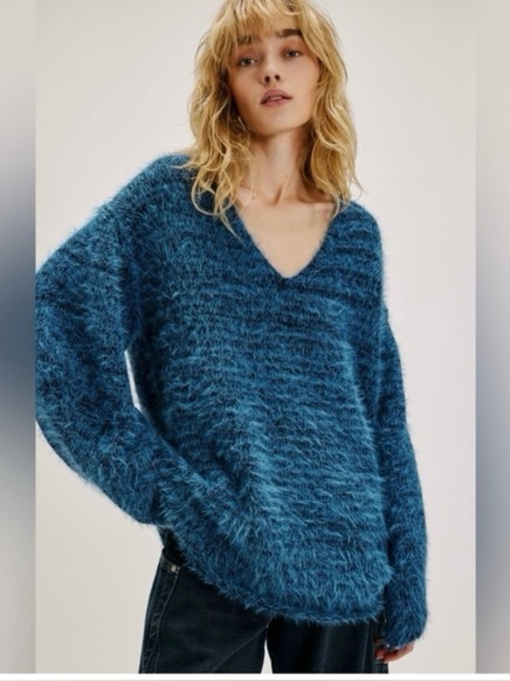 Free People Sparrow Fuzzy Pullover In Iris Teal Combo Womens Size Medium